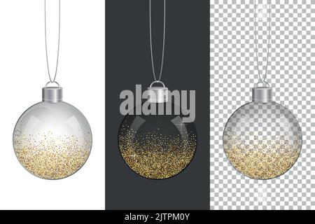 Lot de boules de Noël transparentes en verre ou de boules avec confettis dorés scintillants sur différents fonds. Illustration de Vecteur
