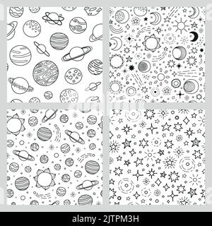 Ensemble de quatre motifs sans couture noirs et blancs avec contour des planètes spatiales dessinées à la main, soleil, lune, étoiles. Illustration de Vecteur