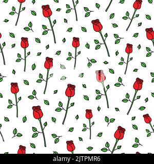 Motif sans couture avec roses rouges et feuilles vertes. Illustration de Vecteur