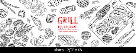 Affiche sur la viande et les légumes grillés. Aliments sur le gril. Vue de dessus. Illustration dessinée à la main. Design du menu du restaurant. Illustration vectorielle. Illustration de Vecteur