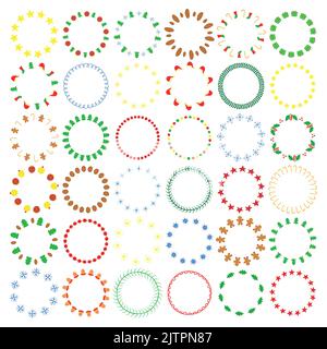 Grande collection de différentes couronnes rondes multicolores dessinées à la main, isolées sur fond blanc. Illustration de Vecteur
