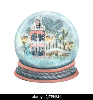 Un globe de neige en verre avec une jolie maison à l'intérieur. Illustration aquarelle. Pour la décoration et le design du nouvel an, de l'hiver, des cartes de Noël, des affiches, des imprimés Banque D'Images