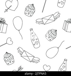 Motif noir et blanc sans couture avec contour de la caniche articles de Saint-Valentin. Illustration de Vecteur