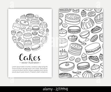 Modèles de cartes avec cakes, desserts et tartes. Masque d'écrêtage utilisé. Illustration de Vecteur