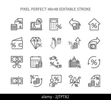 Ensemble simple d'icônes de lignes vectorielles liées à la taxe. Jeu d'icônes numériques plates pour le Web et le mobile. Pixel Perfect 48x48 Contour modifiable. Illustration de Vecteur