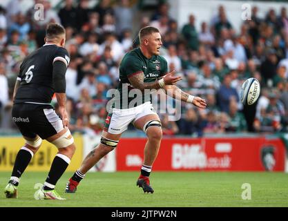 26.8.2022 Leicester, Angleterre. Rugby Union. Sean Jansen, nouveau tigers au premier rang, fait ses débuts à la maison pendant la période d'avant-saison de la Frie Banque D'Images