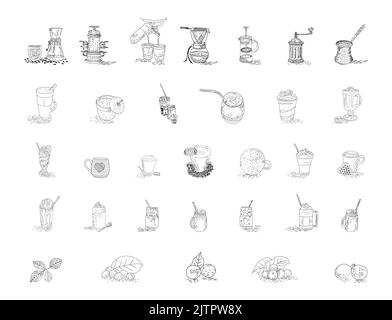 Illustration du vecteur de café de l'ensemble dessiné à la main. Esquisse. Jeux d'icônes de café. Illustration café pour poster ou modèle de menu. Illustration de Vecteur