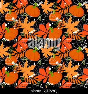 Motif sans couture de citrouilles orange stylisées, de feuilles d'automne et de toiles d'araignée abstraites sur fond noir. Lettres manuscrites boo. Halloween. Automne. Illustration de Vecteur