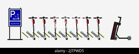 Scooter électrique, parking et station de charge. Transport écologique pour se déplacer dans la ville. Vecteur. Illustration de Vecteur