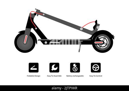 Scooter électrique pliable isolé sur blanc. Pliage moderne pour le transport et les voyages. Véhicule électrique. Illustration - Vector. Illustration de Vecteur