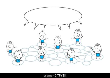Chiffres du bâton. Communication bulle de discussion du groupe de personnes. Style de dessin animé. Discutez des réseaux sociaux, des actualités, des réseaux sociaux, du chat, des bulles de dialogue. Illustration de Vecteur