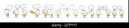 Chiffres du bâton. Communication bulle de discussion du groupe de personnes. Style de dessin animé. Discutez des réseaux sociaux, des actualités, des réseaux sociaux, du chat, des bulles de dialogue. Illustration de Vecteur