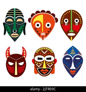 Masques rituels africains ensemble de design vectoriel, décorations traditionnelles d'art populaire dans différentes couleurs Illustration de Vecteur