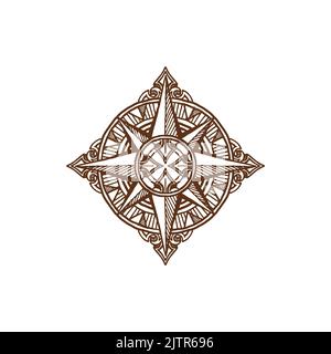 Boussole de style rétro avec côtés nord, est, sud et ouest isolés. Instrument de navigation et d'orientation Vector vintage. Outil marin montrant la direction et les points cardinaux géographiques, carte médiévale Illustration de Vecteur