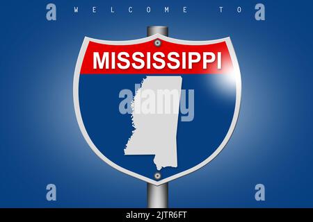 Mississippi sur la route de signalisation sur l'autoroute sur fond bleu, rendu 3D Banque D'Images