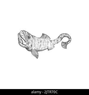 Lyngbakr hafgufa poisson de bête subaquatique avec mâchoires isolé icône d'esquisse monochrome. Vecteur énorme poisson mer monstre mythique créature aquatique dragonfish Illustration de Vecteur