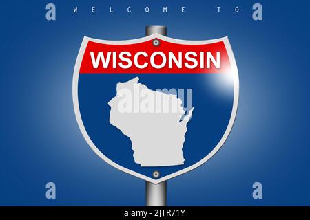 Wisconsin sur la route de signalisation sur fond bleu, rendu 3D Banque D'Images