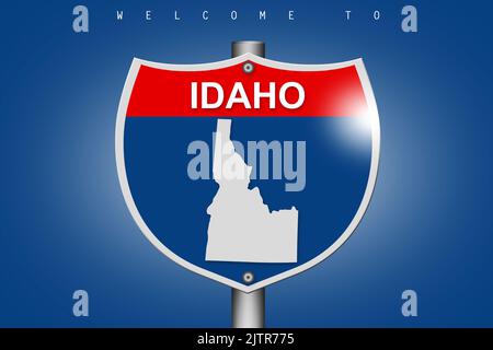 Idaho sur la route de signalisation sur fond bleu, rendu 3D Banque D'Images