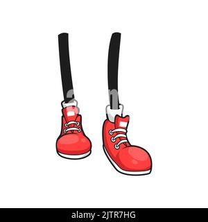 Chaussures de sport mode Black legs avec pointe en caoutchouc blanc et lacets isolés membres de dessin animé. Skateurs de sport Vector, pieds comiques de personnage d'enfant, chaussures de style adolescent urbain, conception de bottes amusantes Illustration de Vecteur