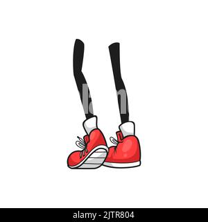 Pieds de bande dessinée dans les chaussures de sport rouges isolés de dessin animé jambes vue arrière, sol blanc. Vector moderne adolescents patineurs, décontracté jeunes membres dans des bottes. Baskets ou baskets en tissu avec embout en caoutchouc, chaussures de sport Illustration de Vecteur