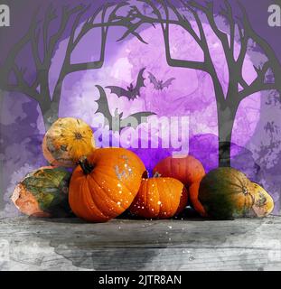 Dessin d'illustration de citrouilles et de cendres assorties sur des planches de bois rustiques avec fond d'halloween Banque D'Images