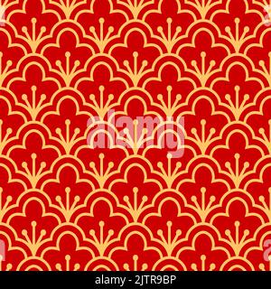 Décoration traditionnelle japonaise avec éléments d'art coréen ou chinois dans les couleurs rouge et or. Motif oriental vectoriel sans couture, carrelage, textile marocain classique ou turc Illustration de Vecteur
