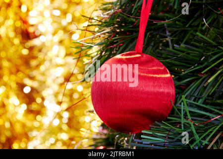 Branche d'arbre à feuilles persistantes de Noël avec boule rouge brillante et dos doré flou. Modèle de bannière de la nouvelle année avec espace de copie pour le texte Banque D'Images