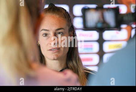 Tubize, Belgique, 01 septembre 2022. La Belge Tessa Wullaert photographiée lors d'une conférence de presse de l'équipe nationale féminine de football belge The Red Flames, à Tubize, le jeudi 01 septembre 2022. Vendredi, l'équipe jouera en Norvège dans les qualifications pour les Championnats du monde. BELGA PHOTO DAVID CATRY Banque D'Images