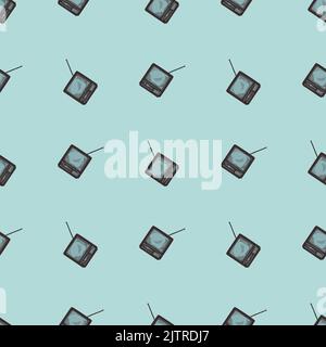 Téléviseur rétro avec antenne gravée sans couture. Téléviseur vintage de style dessiné à la main. Texture d'esquisse pour tissu, papier peint, textile, imprimé, titre, Illustration de Vecteur