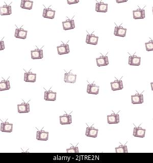 Téléviseur rétro avec antenne gravée sans couture. Téléviseur vintage de style dessiné à la main. Texture d'esquisse pour tissu, papier peint, textile, imprimé, titre, Illustration de Vecteur
