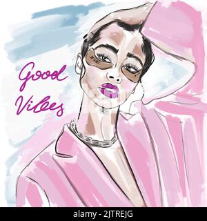 Bonne vibes, fille élégante avec des taches sur ses yeux, veste rose, mode, aquarelle esquisse Illustration de Vecteur