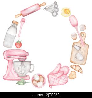 Couronne d'aquarelle dessinée à la main avec des outils de cuisson et des ingrédients en rose. Gabarit de cadre de cuisson et logo avec ustensiles de cuisine, gâteau, fouet, broche Banque D'Images