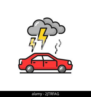Les éclairs d'inondation et de tonnerre au-dessus de l'icône de la ligne de couleur d'assurance de véhicule isolé d'assurance. Orages au-dessus de la voiture, nuages et pluie, véhicule endommagé Illustration de Vecteur