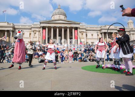 Les gens regardent les danseuses de Morris pendant qu'ils se rassemblent pour les célébrations de la fête de St George à Trafalgar Square, dans le centre de Londres. Banque D'Images