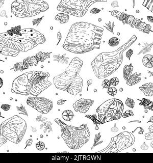 Motif sans couture pour la viande. Bœuf, porc, agneau. Illustration vectorielle dessinée à la main. Style sculpté. Arrière-plan du menu des aliments. Illustration de l'esquisse. Illustration de Vecteur