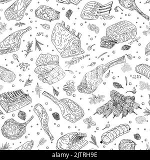 Motif sans couture pour la viande. Bœuf, porc, agneau. Illustration vectorielle dessinée à la main. Style sculpté. Arrière-plan du menu des aliments. Illustration de l'esquisse. Illustration de Vecteur