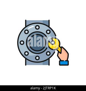 Conduite et réparateur à main avec clé, icône de contour de couleur. Plombier pour l'industrie pétrolière, réparation de tuyaux et clé réglable, tuyaux et raccords techniques Illustration de Vecteur
