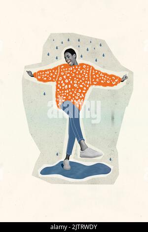 Image de collage créatif vertical de positive heureuse dansante excitée fille profiter temps pluvieux eau chute automne peinture vêtements flaque Banque D'Images