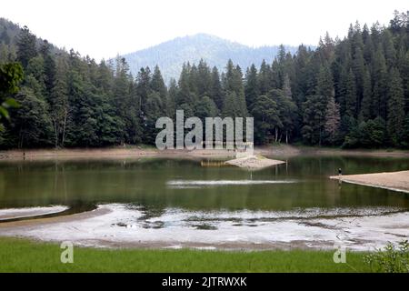 RÉGION DE ZAKARPATTIA, UKRAINE - le 29 AOÛT 2022 - le niveau d'eau du lac Synevyr, le plus grand lac de montagne d'Ukraine, est tombé à un niveau record de Banque D'Images