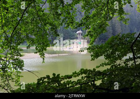 RÉGION DE ZAKARPATTIA, UKRAINE - le 29 AOÛT 2022 - le niveau d'eau du lac Synevyr, le plus grand lac de montagne d'Ukraine, est tombé à un niveau record de Banque D'Images