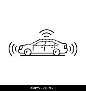 Icône de voiture sans conducteur, technologie de véhicule intelligent à conduite automatique, symbole de ligne vectorielle. Voiture sans conducteur avec commandes de capteur de circulation et menteurs de conduite pour le transport sûr de véhicules auto-pilotant Illustration de Vecteur