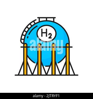 Icône de couleur de citerne à hydrogène, production d'énergie de combustible vert H2, centrale à vecteur. Usine d'électrolyse d'hydrogène ou de cellules d'oxygène, réservoir d'hydrogène pour le ravitaillement en gaz, symbole linéaire de station chimique Illustration de Vecteur