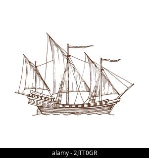 Bateau à voile avec drapeau, voilier rétro ancien navire. Galerie de Caravelle à brigantine vectorielle avec fusils de tir, galléon d'aventure. Bateau pirate avec toile, fl Illustration de Vecteur