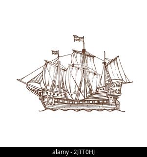 Voilier rétro avec icône en toile de voilier ancien isolé. Navire de frégate marin Vector Caravel galléon. Bateau rétro de transport Illustration de Vecteur