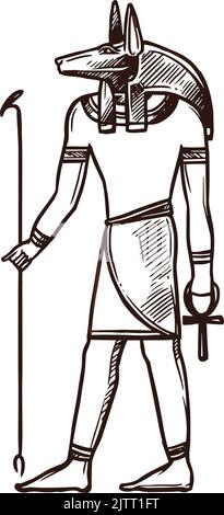 Anoubis sketch, Dieu égyptien et la divinité de l'Égypte ancienne, icône de vecteur. Ancien Dieu Egyp de la mort, Anubis avec tête de chien, culture égyptologie et religion Illustration de Vecteur
