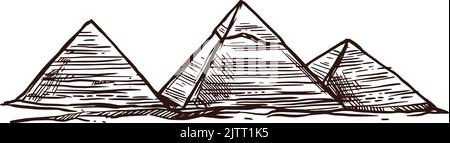 Pyramides d'Egypte croquis, Voyage point de repère et anciens temples de pharaon égyptien, vecteur. Le Caire ou les pyramides de Giza de Ramses ou les pharaons de Toutankhamen, histoire Illustration de Vecteur