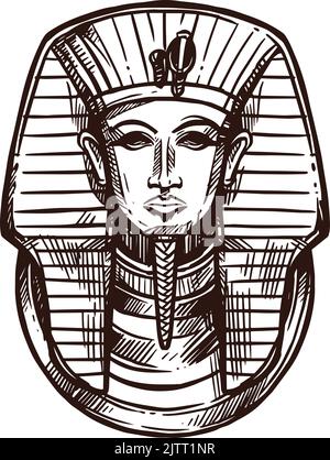 Toutankhamen pharaon sketch, momie égyptienne antique masque doré, icône de vecteur. Histoire ancienne de l'Égypte, artefact de religion et de culture, roi pharaon du Caire Illustration de Vecteur