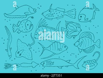 Sous-marin monde mer vie océan poisson icône ensemble. Collection de croquis de poissons rares. Illustration vectorielle dessinée à la main. Illustration de Vecteur