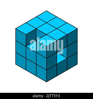 Cube 3D avec contour. Concept de pièce manquante. Objet géométrique constitué de boîtes avec deux éléments détachés. Jeu de puzzle logique. Concept de résolution de problèmes. Illustration de Vecteur