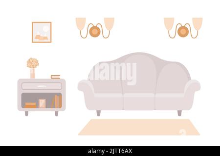 Intérieur confortable avec canapé clair. Style dessin animé plat. Concept d'intérieur. Illustration vectorielle Illustration de Vecteur